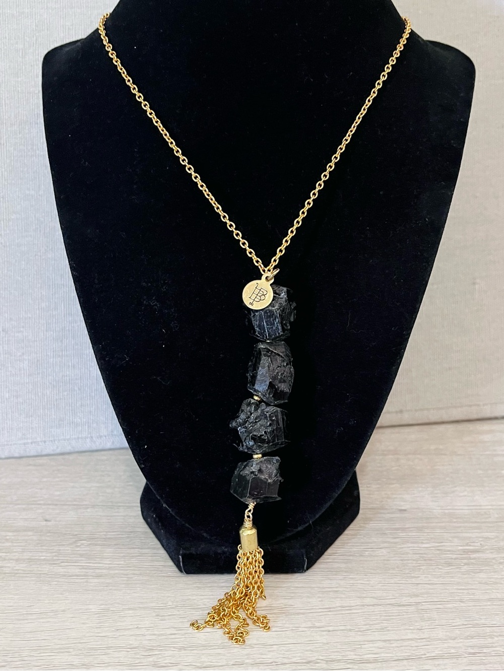 Bourbon and Bowtirs Gold Necklace with Black Raw Black Tourmaline Crystal Stone